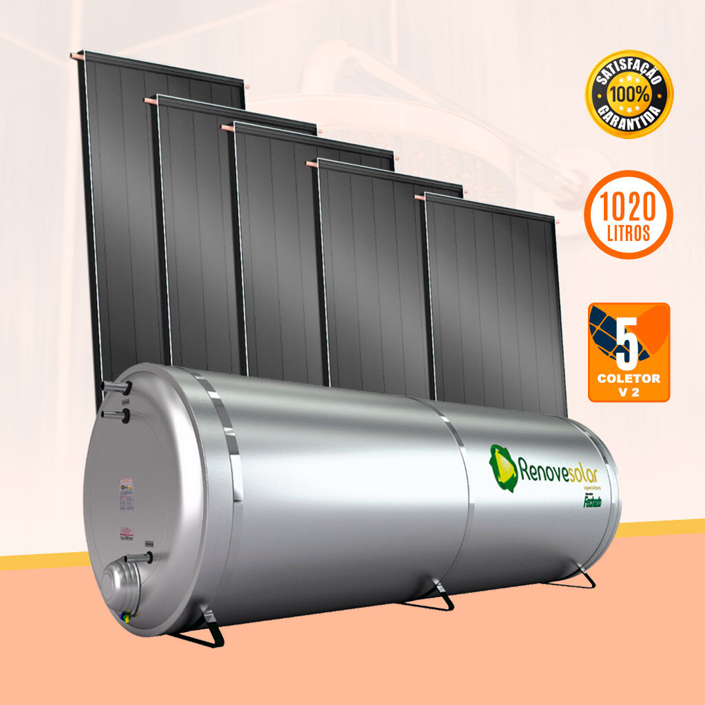 Kit Aquecedor Solar para Chuveiro com Reservatório 1020 Litros e 05 Coletor Solar v2